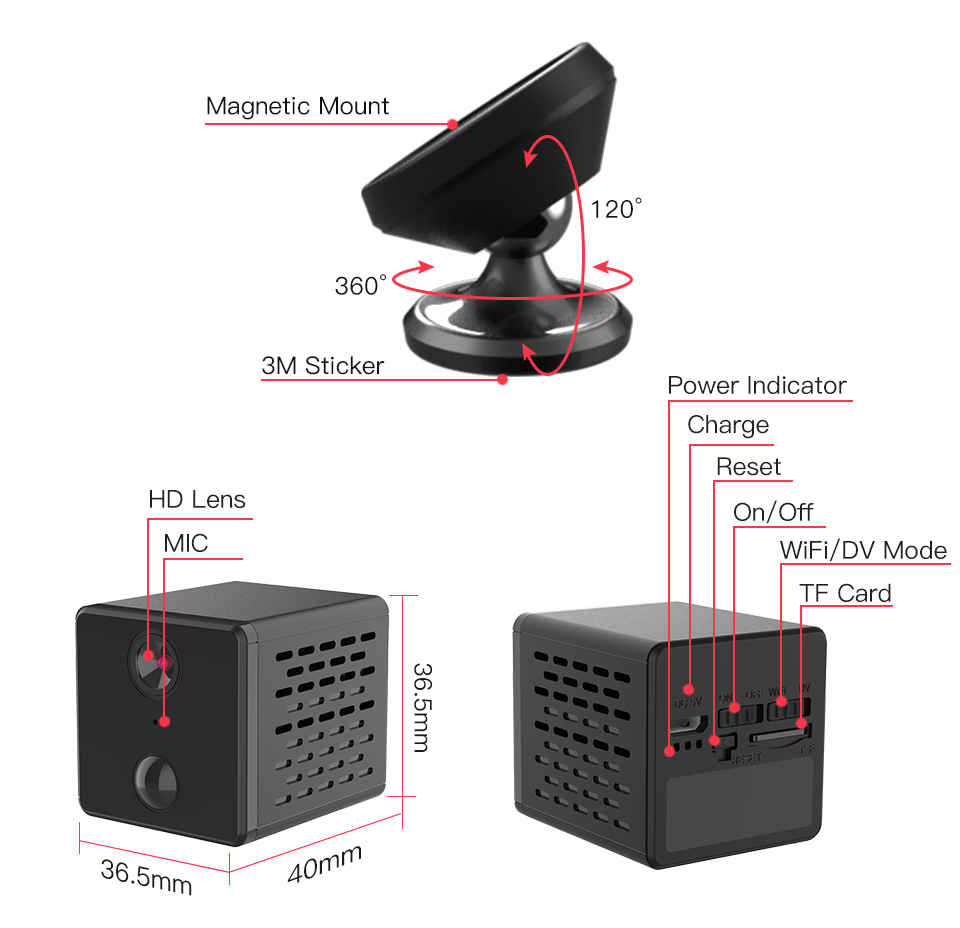 1080P Mini Wifi Camera 1500mAh Rechargeable Battery IP Camera Mini Camera AI PIR Human Body Detection Alarm IR Night